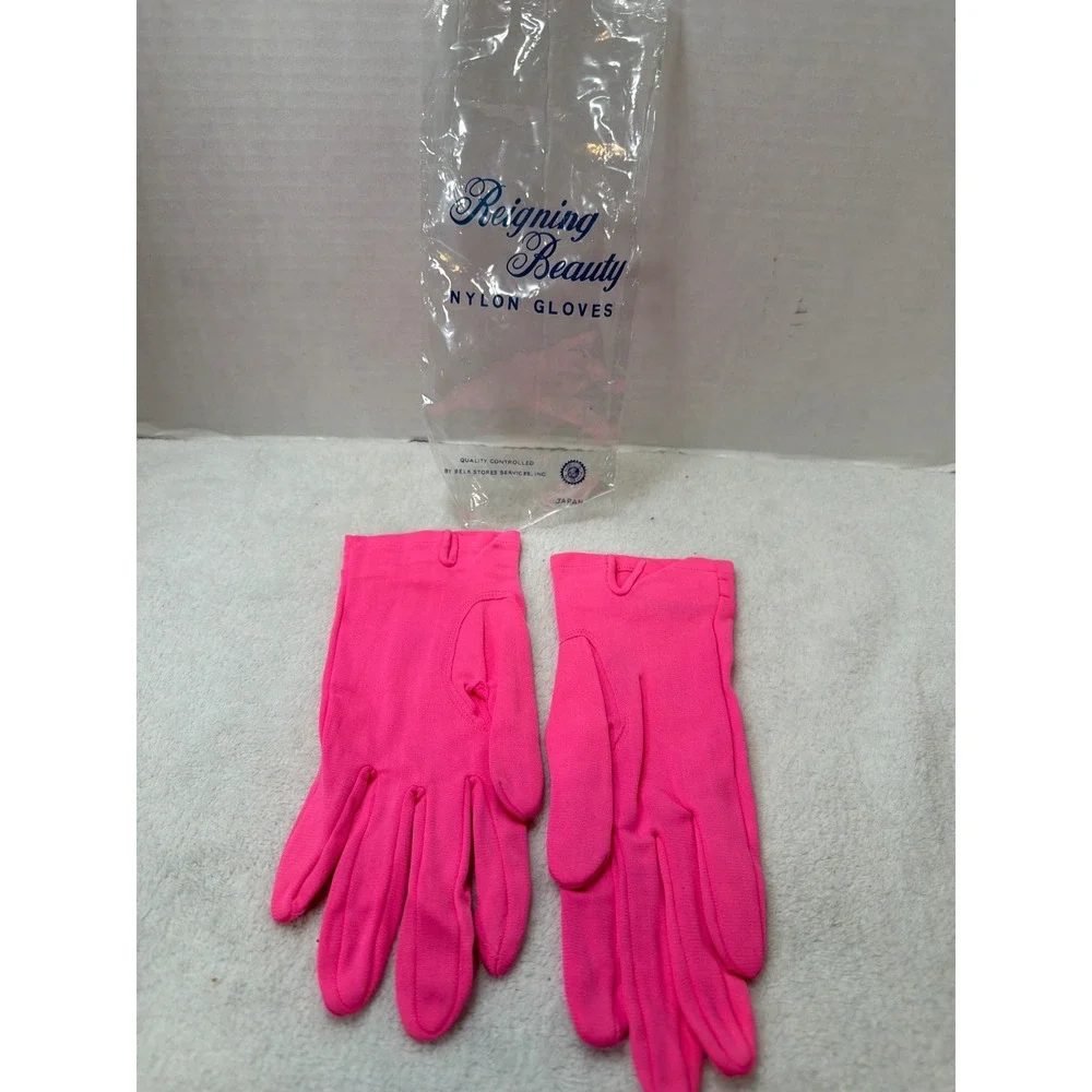 NOS VTG 70s Reigning Beauty Gloves Womens 7 Pink Nylon Double Button Japan